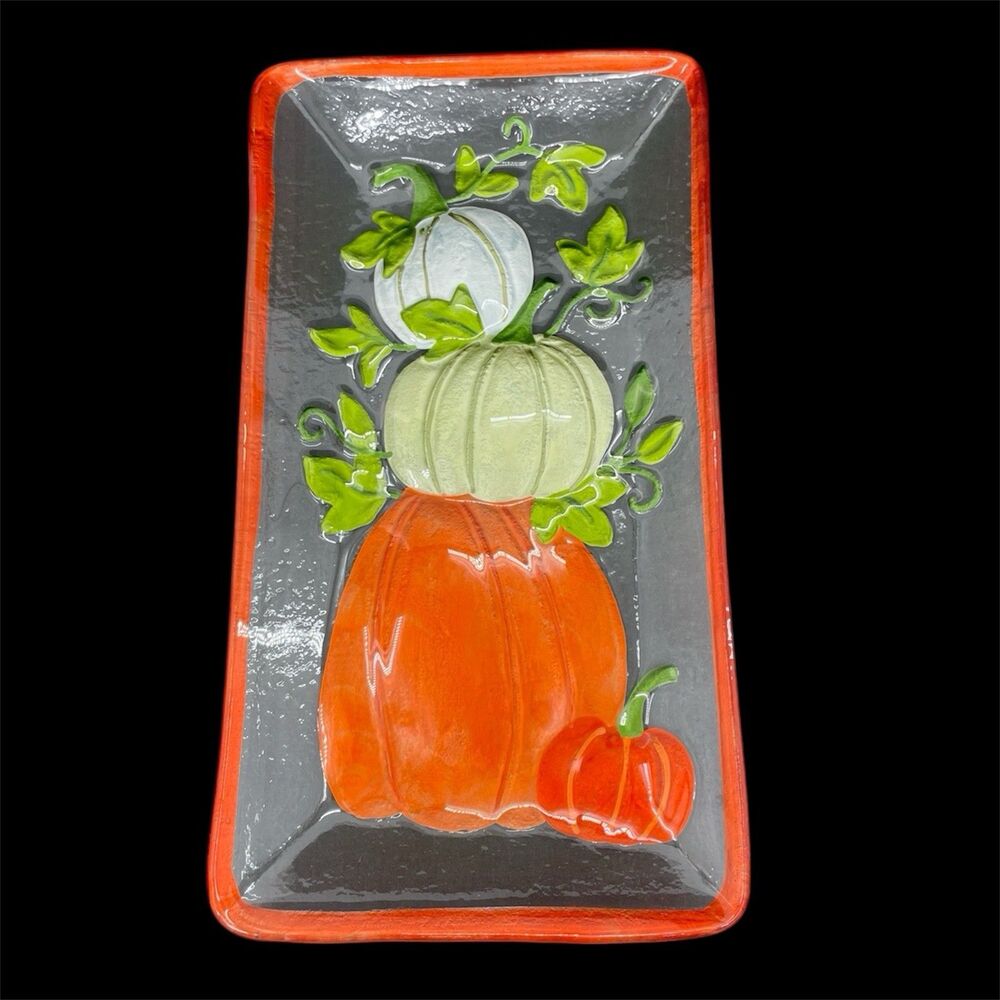 Demdaco Lori Siebert Glass Stacked Pumpkins Platter Tray Hand Blown Fusion 8x15"